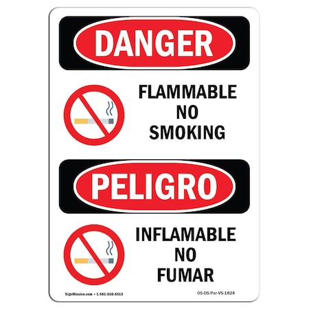 Signmission Safety Sign, OSHA Danger, 14" Height, Aluminum, Flammable No Smoking Bilingual Spanish OS-DS-A-1014-VS-1824